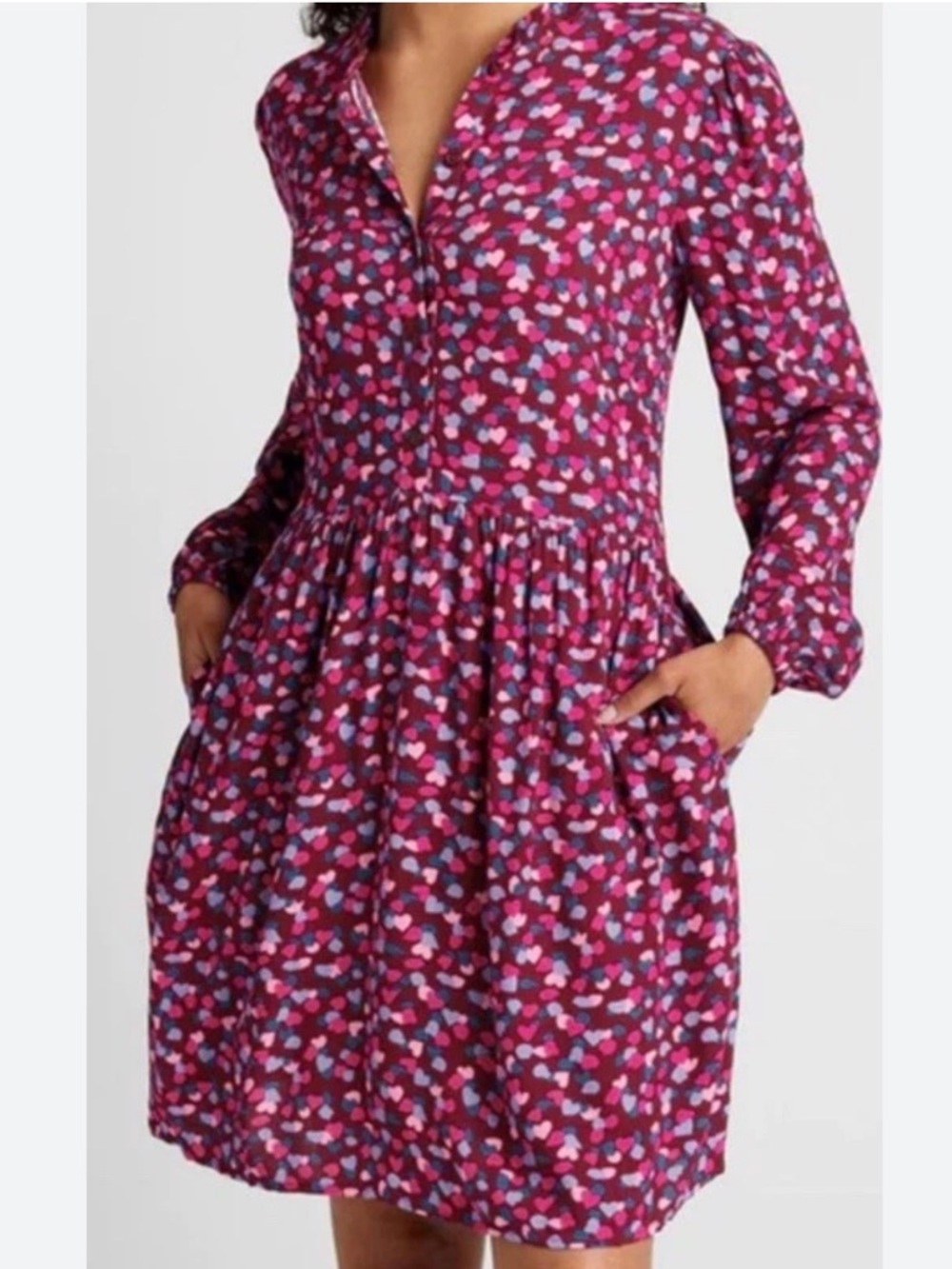 NEW SUGARHILL BRIGHTON Heart Print Long Sleeve Midi Dress Magenta/Pink Size 6